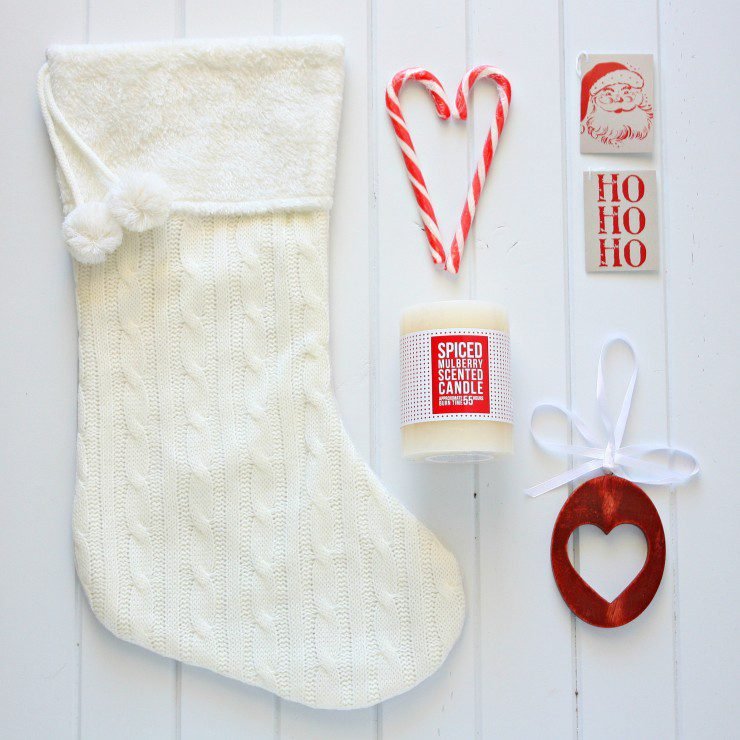 Timeless White Knit Stocking, Spiced Mulberry Scented candle, and Timeless Wooden Cut Out Heart Decoration