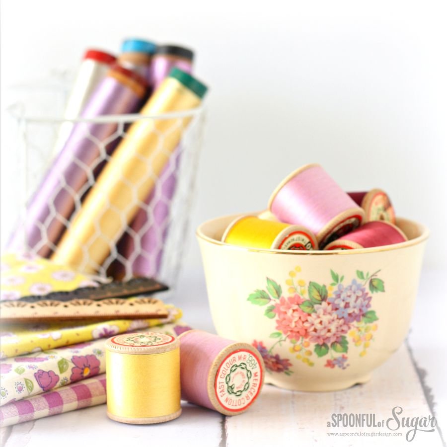 Pretty Sewing Supplies and Vintage Spools by A Spoonful of Sugar