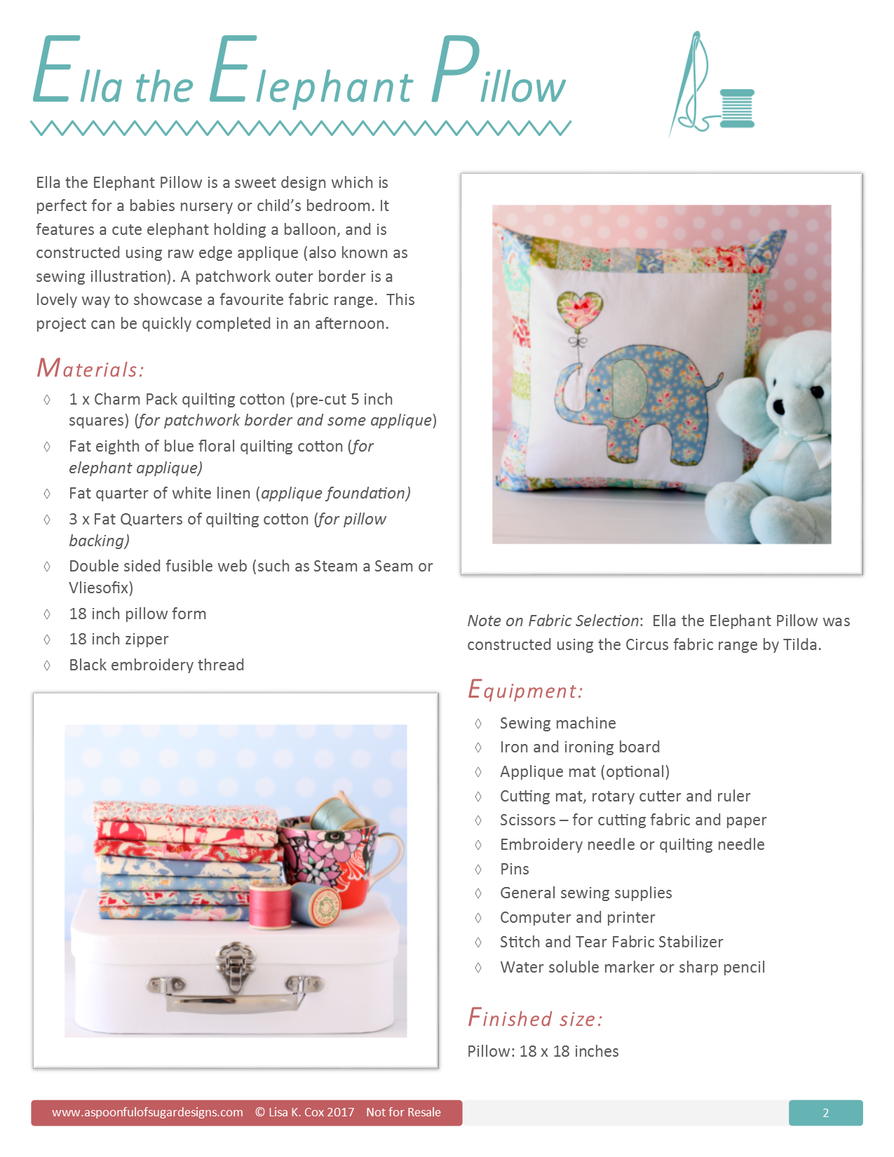 Ella the Elephant Pillow, pdf sewing pattern by A Spoonful of Sugar