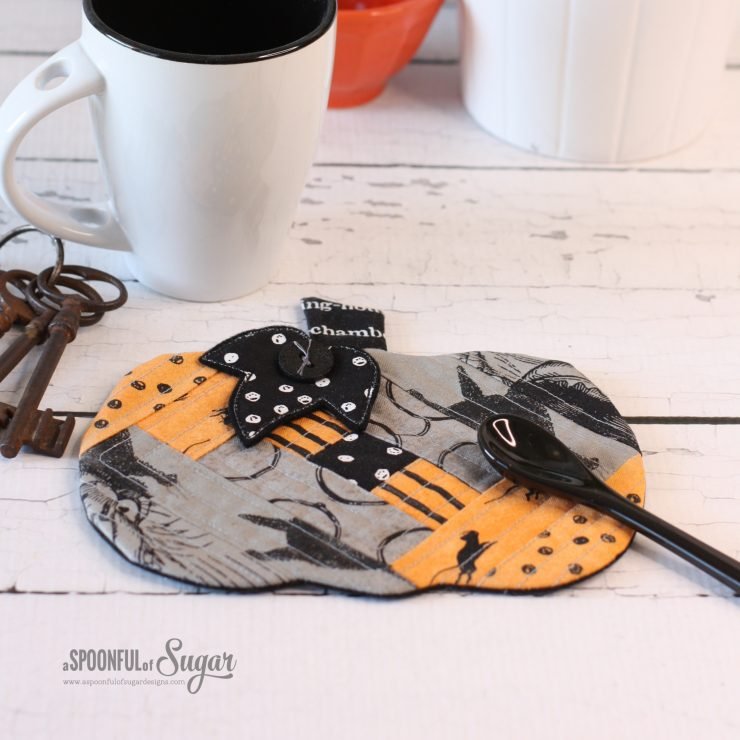 Halloween Patchwork Pumpkin Coaster Mug Rug PDF Sewing Pattern by A Spoonful of Sugar Designs.