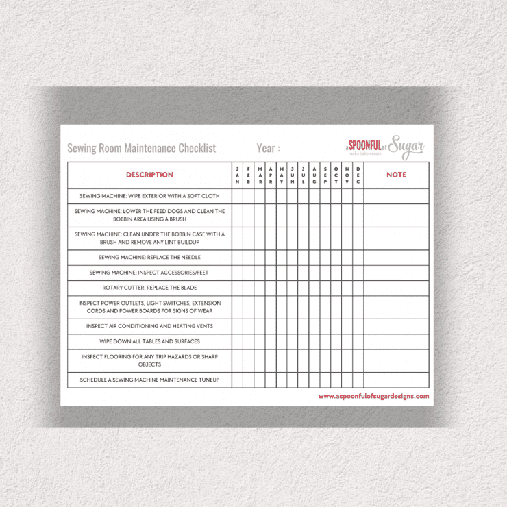 Sewing Room Maintenance Checklist. Download free printable from www.aspoonfulofsugardesigns.com