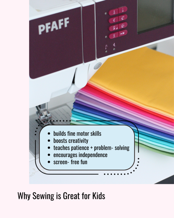 Modern sewing machine beside a neatly stacked pile of colourful fabrics, with text listing benefits of sewing for children such as creativity and fine motor skills.