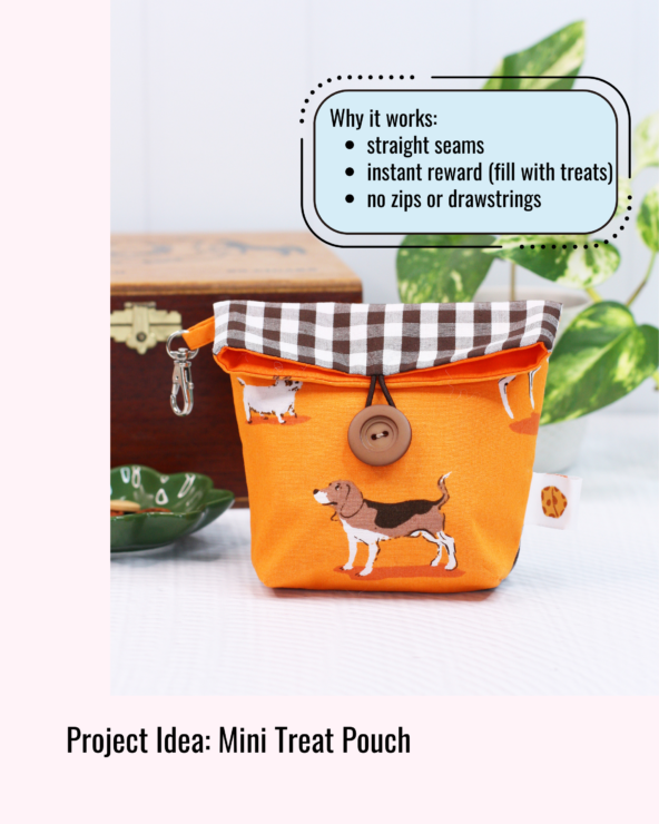 Small handmade fabric treat pouch with dog‑print fabric, checkered flap, button closure, and clip attachment. Beginner project with straight seams and no zippers.