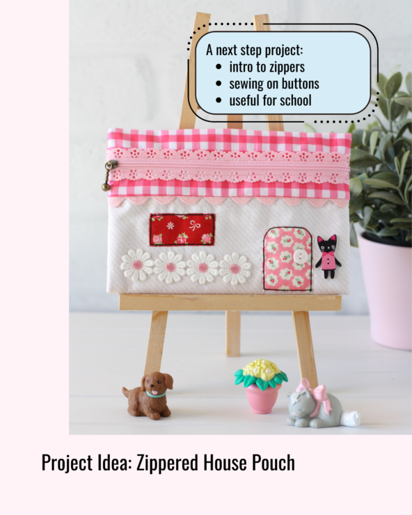 House‑shaped zippered pouch with patchwork details, lace trim, window and door appliqué, and small cat motif, displayed on a mini easel. Beginner project introducing zippers and embellishments.