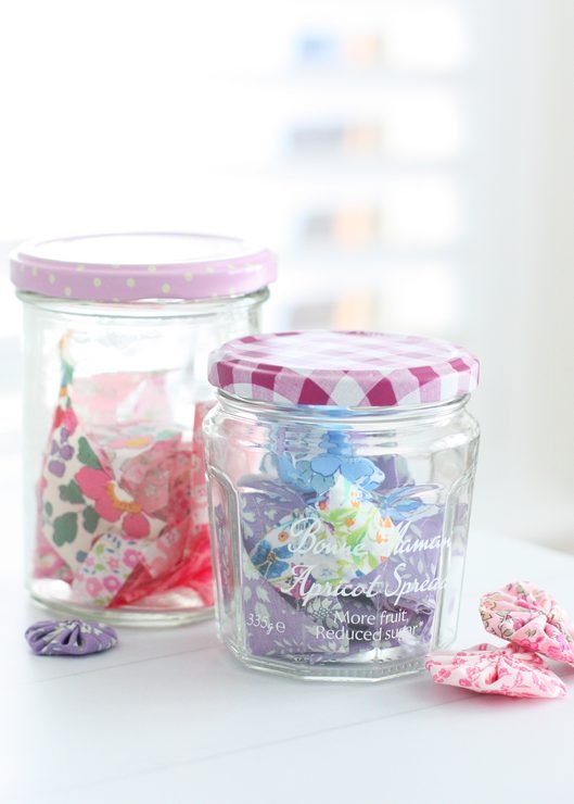 Jars of pretty Liberty tana lawn fabric scraps