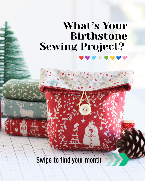 Birthstone-inspired sewing projects featuring colourful handmade pouches, bags and accessories matched to each month's gemstone