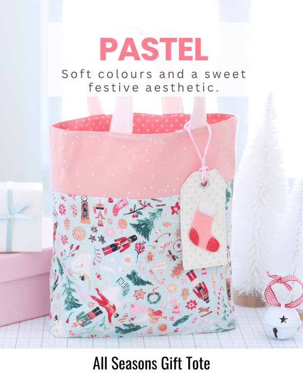 Quilted gift tote made in soft pastel fabrics, offering a fresh and modern interpretation of Christmas sewing.