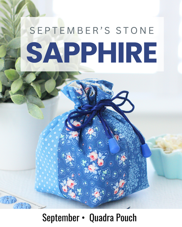 Blue Quadra Pouch sewing project inspired by the sapphire birthstone for September