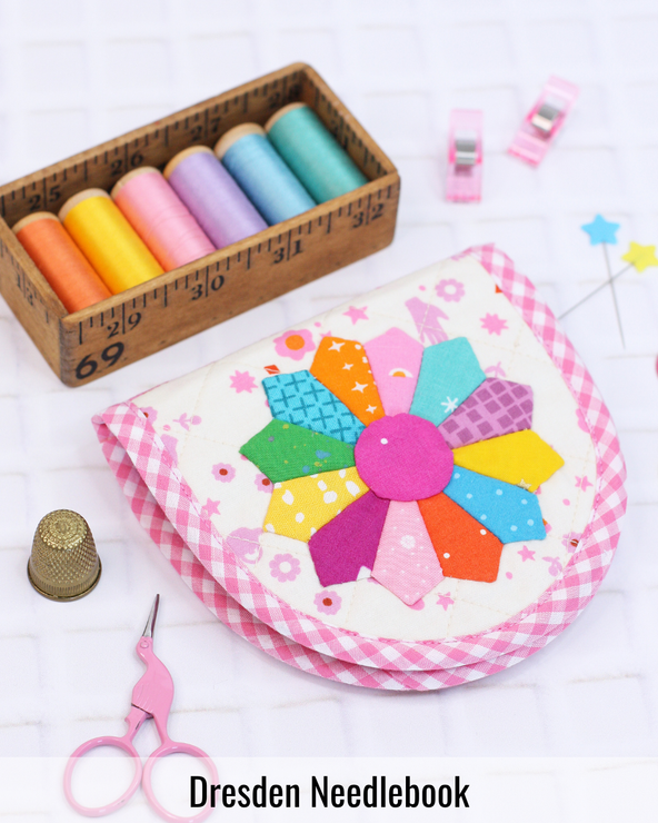Dresden Needlebook handmade in patchwork fabric with felt pages for safely storing sewing needles and pins.