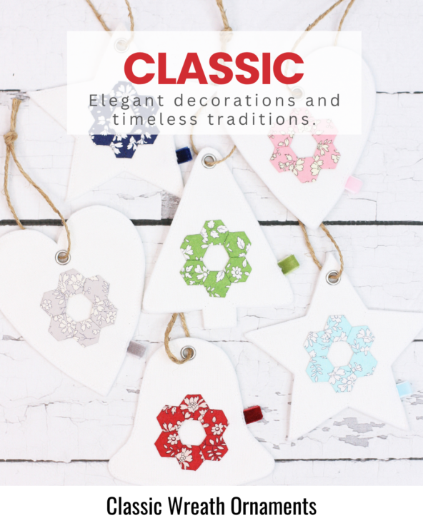 Handmade quilted Christmas wreath ornaments featuring traditional festive fabrics and timeless holiday styling.