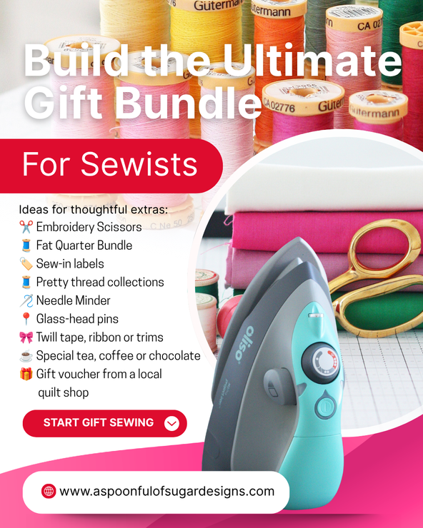 Gift guide page showing sewing-themed gift bundle ideas including embroidery scissors, thread, pins, labels, notions, and sewing accessories.