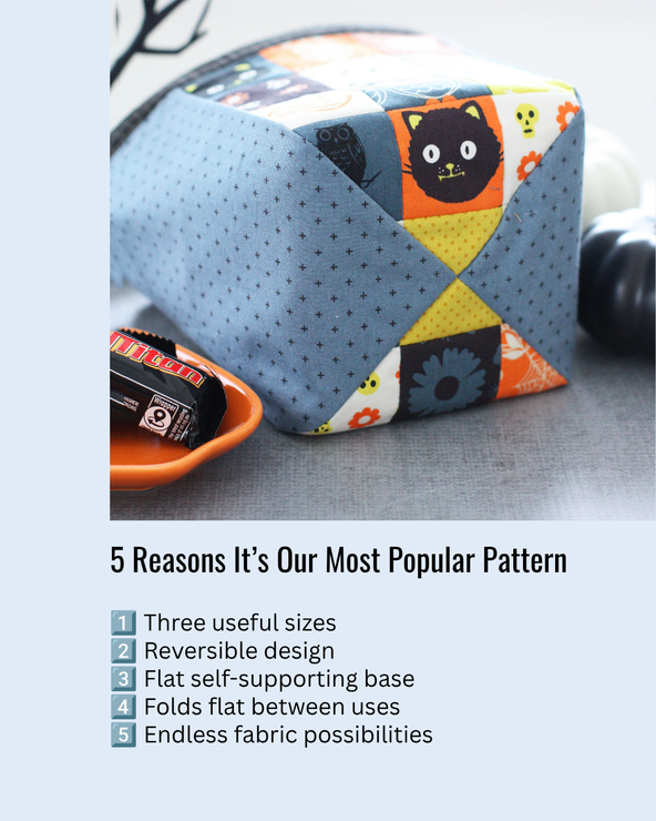 Halloween Handy Drawstring Pouch made with patchwork squares featuring fussy-cut cats, owls, pumpkins, and moon motifs in orange, blue-grey, cream, brown, and citron fabrics.