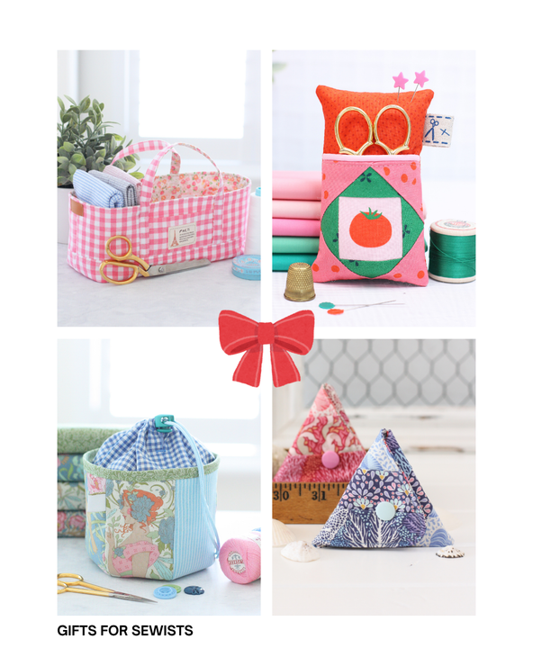 Collage featuring fifteen handmade sewing gift ideas including baskets, pouches, organizers, sewing kits, and pincushions for sewists.