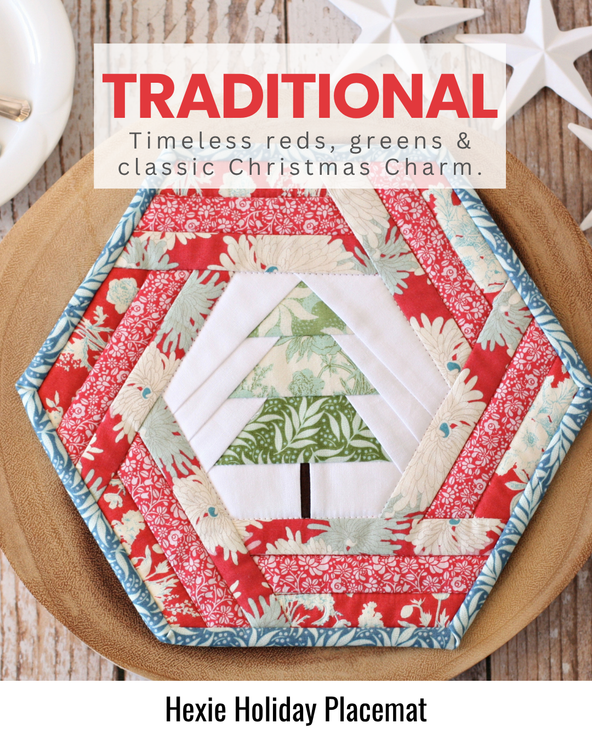 Hexagonal quilted Christmas placemat featuring a Christmas tree motif, made in traditional red, green and cream festive fabrics.