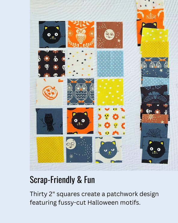 Thirty 2-inch Halloween fabric squares arranged for a patchwork Handy Drawstring Pouch featuring fussy-cut seasonal motifs.