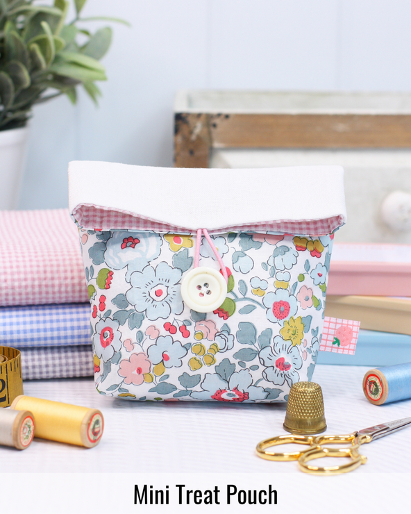 Drawstring Mini Treat Pouch handmade in coordinating fabrics, perfect for gifting sewing notions, treats, or small treasures.