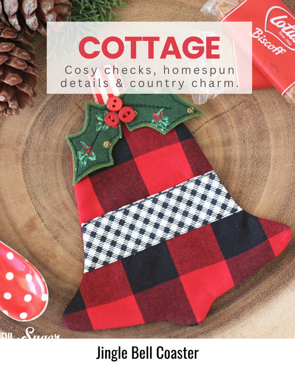 Quilted Jingle Bell coaster made with buffalo check and coordinating Christmas fabrics, styled with a cosy cottage Christmas aesthetic.