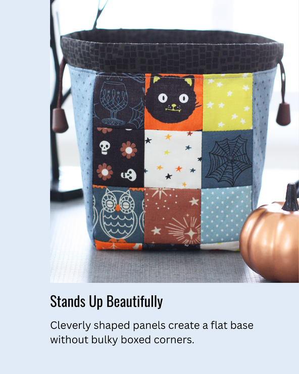 Close-up of the flat self-supporting base of a Halloween Handy Drawstring Pouch standing upright without boxed corners.