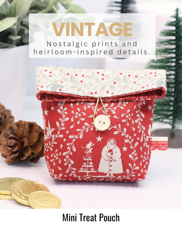Handmade mini treat pouch sewn in Tilda Merry Little Christmas fabrics with vintage-inspired floral prints and nostalgic festive colours.