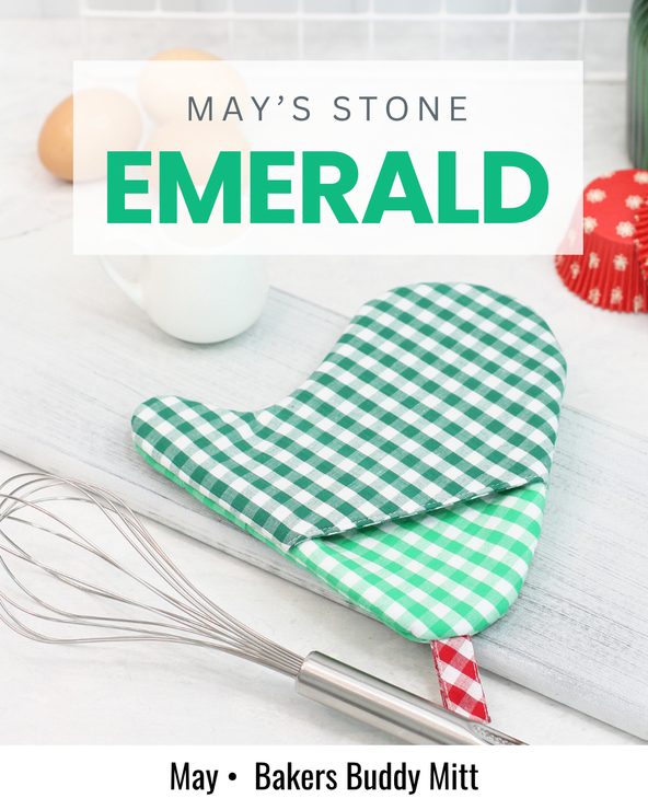Green Baker's Buddy Mitt sewing project inspired by the emerald birthstone for May