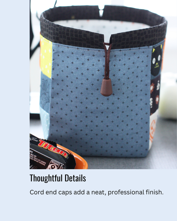 Close-up of fabric cord end covers on a Handy Drawstring Pouch showing professional finishing details.