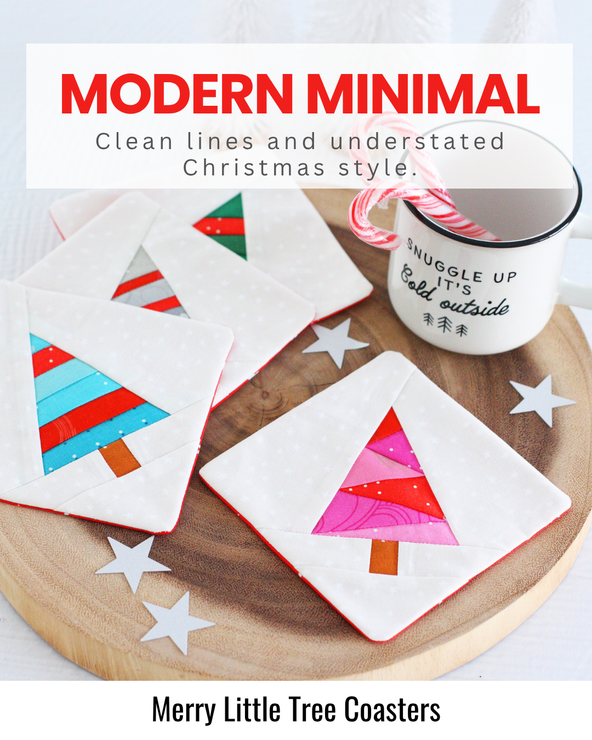 Set of quilted Christmas tree coasters featuring clean lines, simple shapes and a modern minimalist Christmas colour palette.