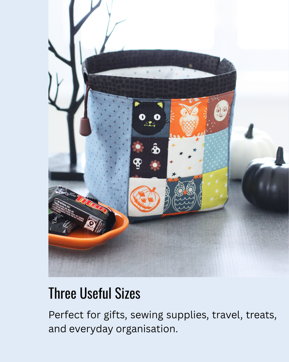Handy Drawstring Pouch sewing pattern shown in three sizes for gifts, storage, travel, and organisation.