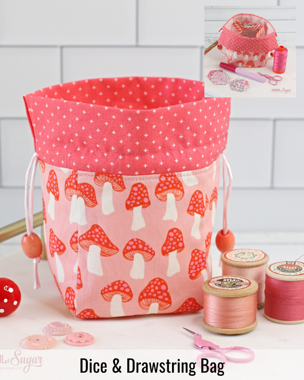 Fabric drawstring project bag designed for storing English Paper Piecing supplies, templates, thread, and sewing notions.
