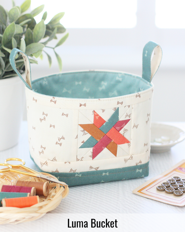 Fabric Luma Bucket project basket designed for storing quilting supplies, sewing projects, and creative essentials.