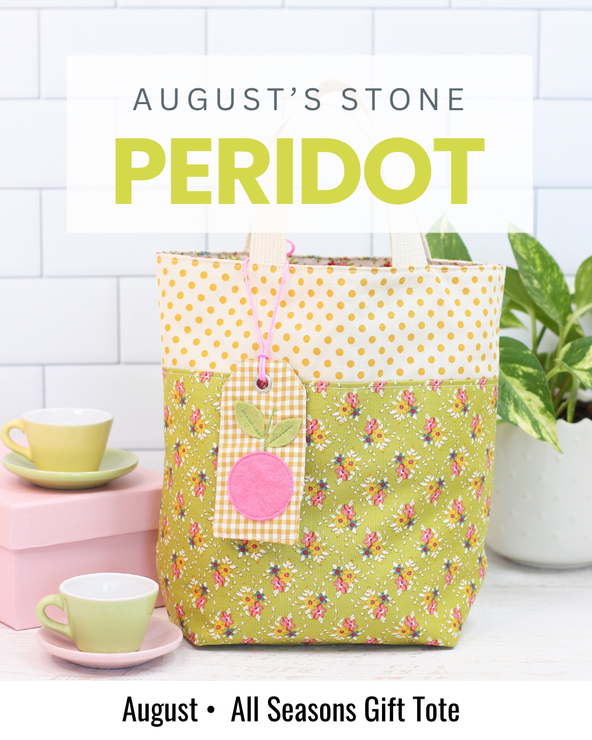 Lime green All Seasons Gift Tote sewing project inspired by the peridot birthstone for August