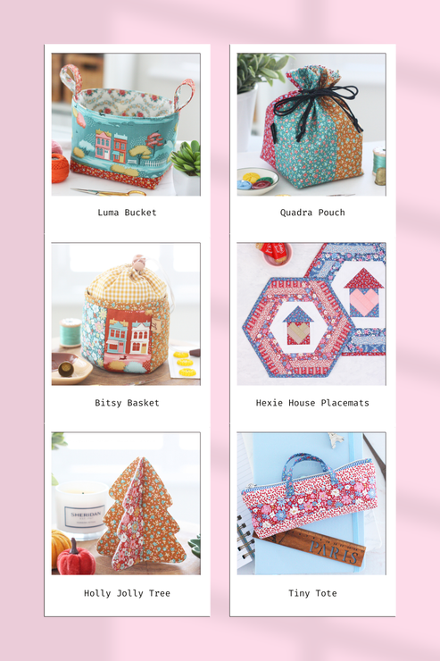 6 Projects to sew with Tilda Village Life Fabric collection. Patterns by A Spoonful of Sugar Designs. www.aspoonfulofsugardesigns.com